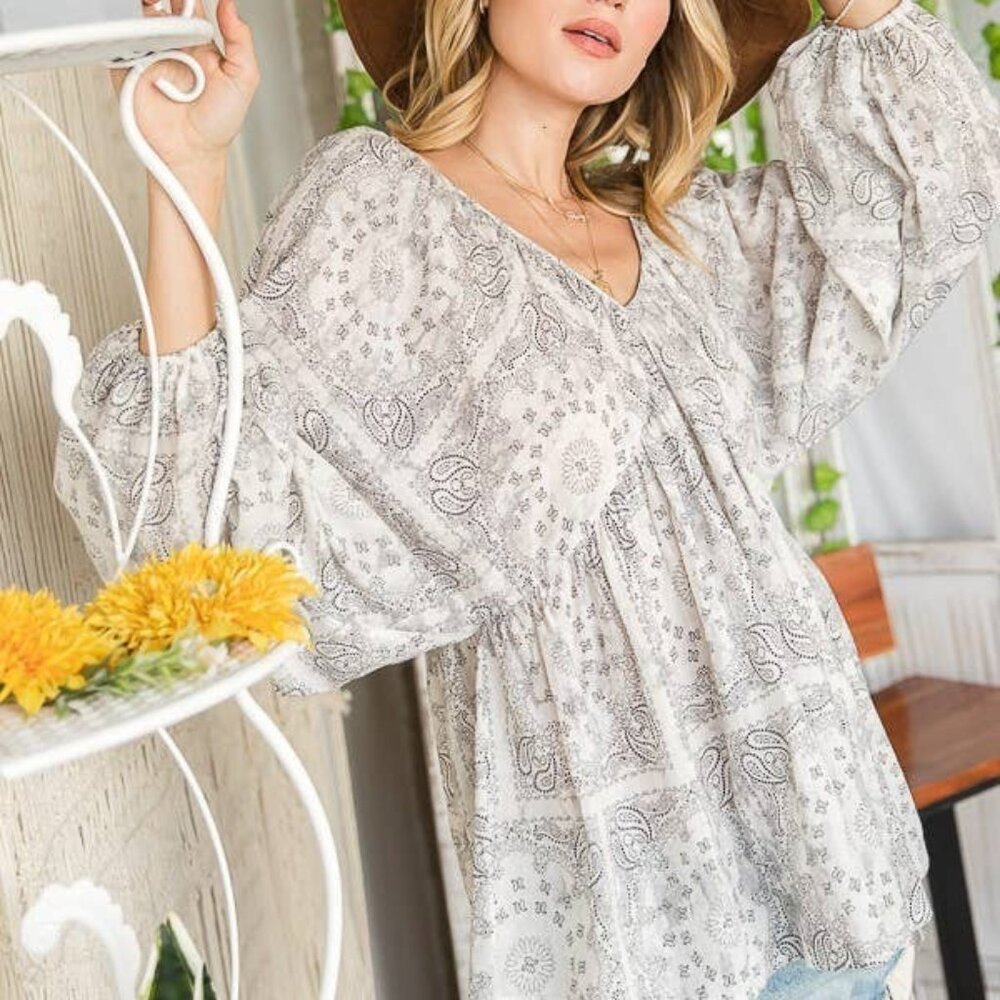 Bucketlist Bandana Print Puff Sleeve Flowy Babydoll Top